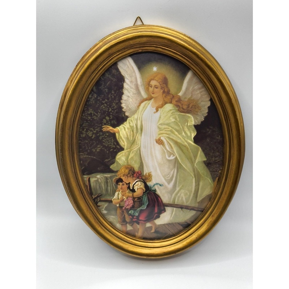 VTG 1950s Italian Guardian Angel Framed Print Oval Gold Frame Velvet Back-Italy